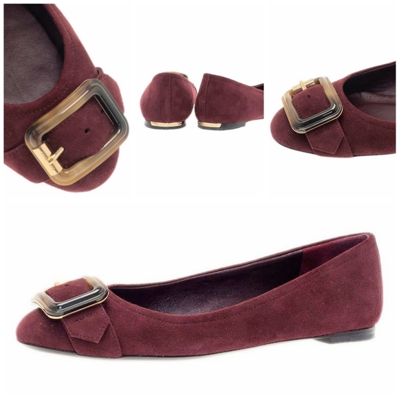 Burberry Burgundy Suede Keswick Buckle Flats - Picture 2 of 6